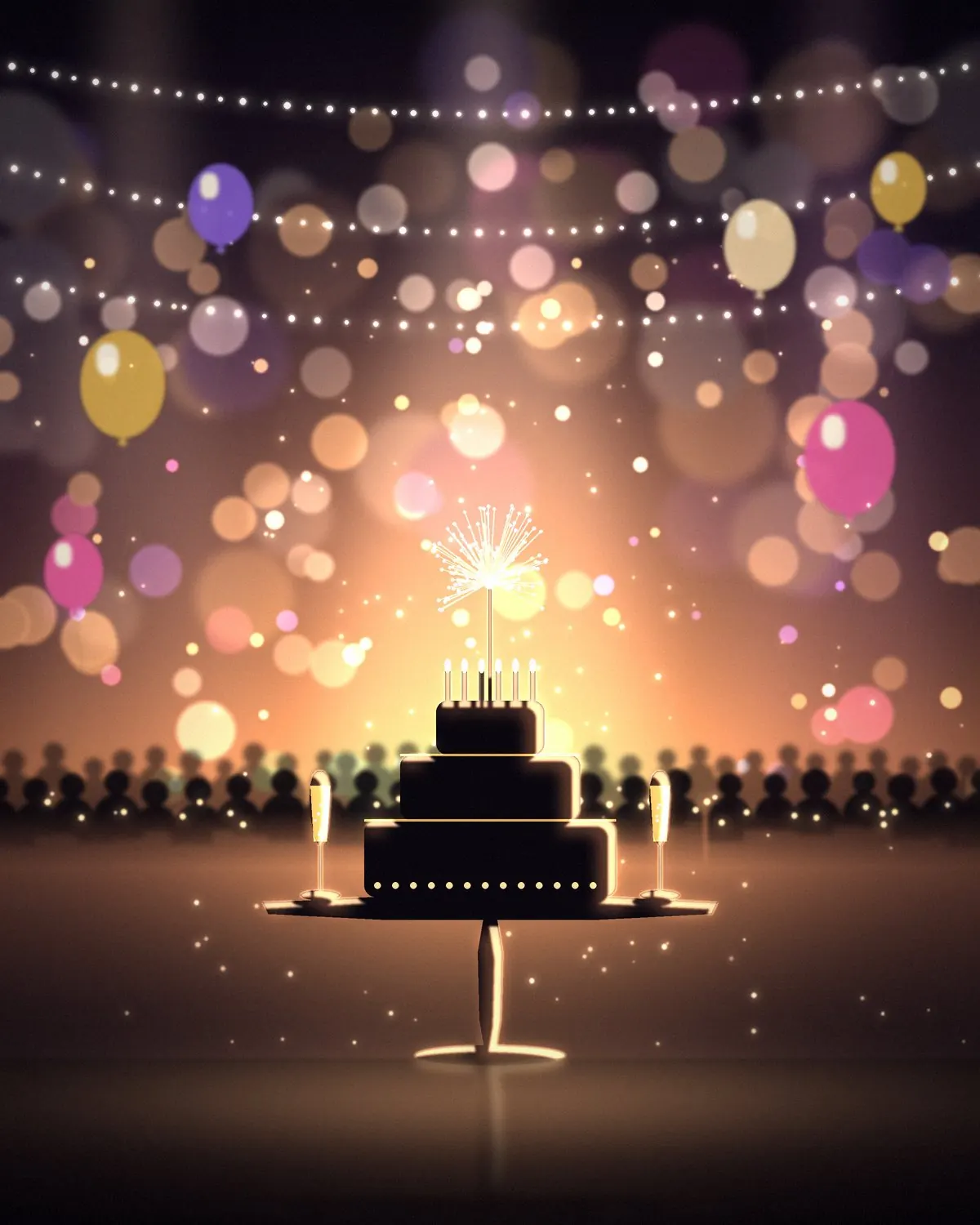 Verjaardagstaart met sterretje en ballonnen op een feest